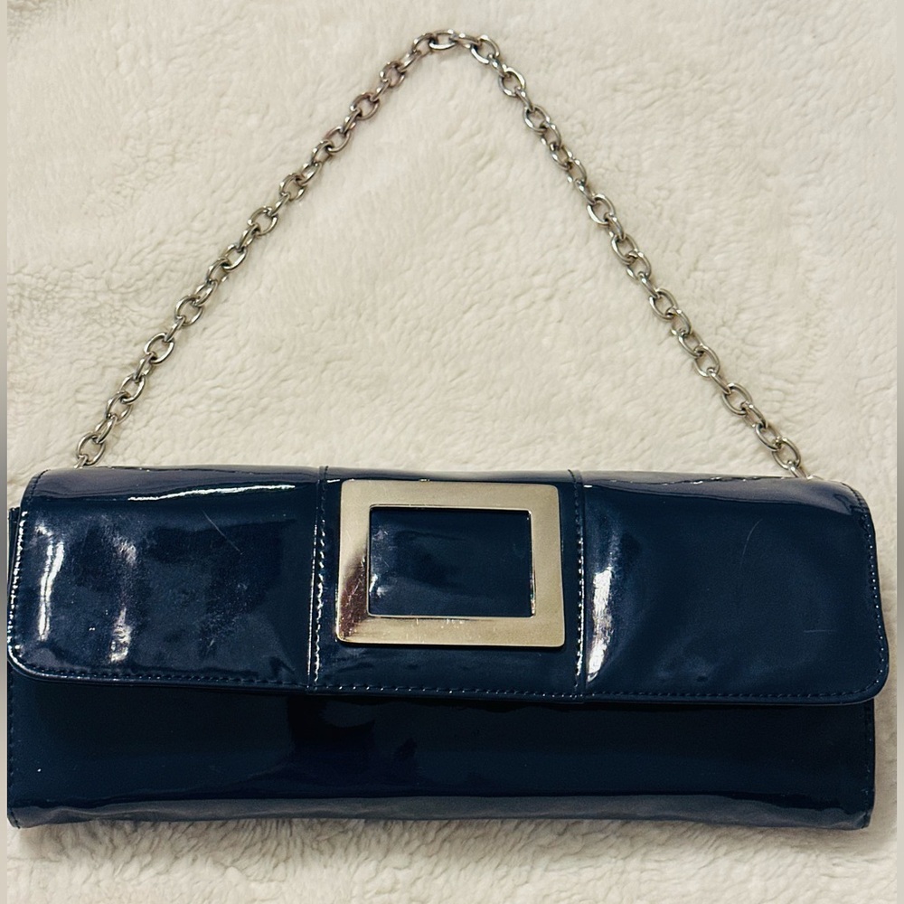 Cato Navy Blue Patent Leather Clutch with Chain Strap